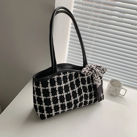 Elegante Tweed Ruit Tote Bag Grote Capaciteit Woon-werkverkeer Schoudertas Met Satijnen Sjaal Strik PU Lederen Handvat Handtas