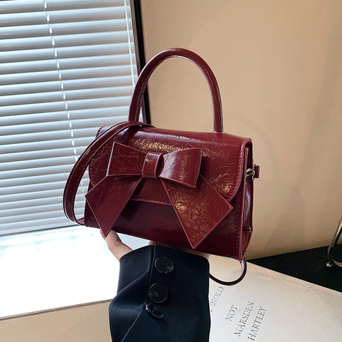 Petit Sac à Main Carré en Cuir PU Brillant de Style Coréen Avec Nœud Papillon et Texture Gauffrée Sac à Épaule pour Femme