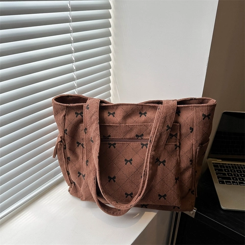 Borsa Tote in Tela con Fiocco da Donna Stampa a Rombi Grande Capacità Borsa a Tracolla Stile Coreano Casual Shopping Viaggio