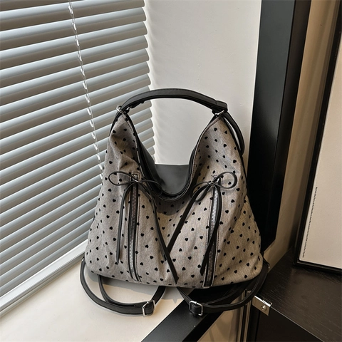 Grand Sac Tote en Toile pour Femmes Imprimé Cœur et Pois Sac à Épaule Multifonction Décontracté Sac à Dos pour École