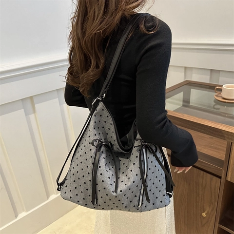 Grand Sac Tote en Toile pour Femmes Imprimé Cœur et Pois Sac à Épaule Multifonction Décontracté Sac à Dos pour École