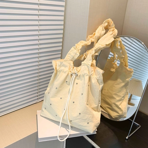 Borsa Tote da Donna in Pelle PU con Manico a Volant Pieghettato Strass Coulisse Grande Capacità Borsa a Tracolla Casual