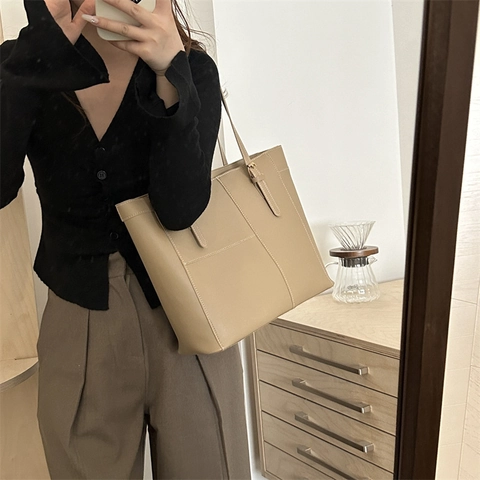 Bolso Tote de Cuero Sintético Vintage para Mujer Gran Capacidad Costuras en Contraste Bolso de Hombro Elegante para Diario