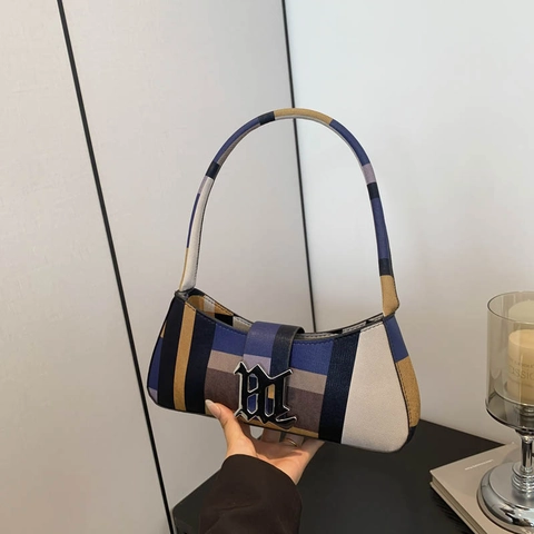 Sac Sous l'Aisselle en Cuir PU à Carreaux Rétro pour Femmes Sac Croissant Color Block avec Boucle en Métal Sac Baguette Élégant