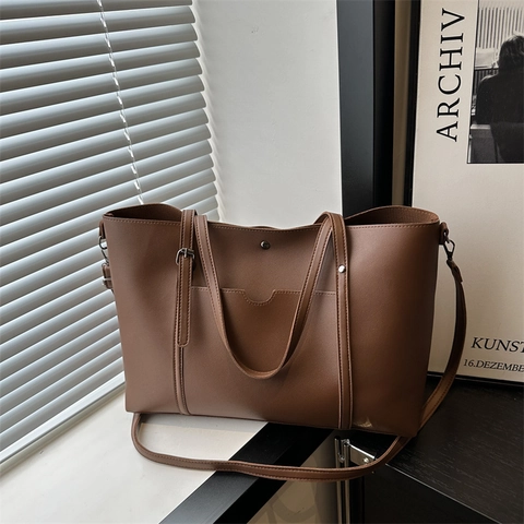 Damen Große Kapazität Tote Bag PU Leder Schultertasche Mit Fronttasche Verstellbarem Riemen Casual Street Fashion Handtasche