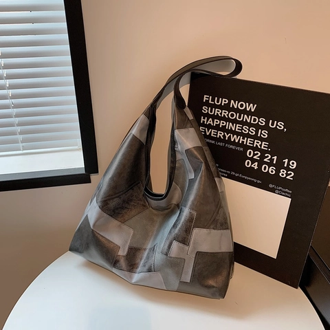 Women Large Capacity Patchwork Shoulder Bag PU Leather Geometric Color Block Tote Bag For Commuting Casual Retro Fashion Bag