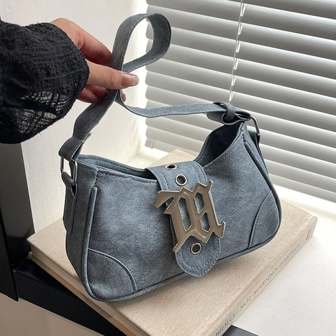 Women Vintage Crescent Hobo Bag Gothic Metal Letter PU Leather Underarm Shoulder Bag Street Trend Stylish Crossbody Purse