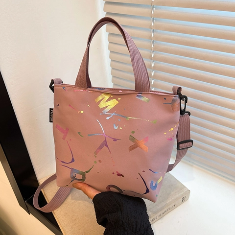 Women Nylon Shoulder Bag Colorful Graffiti Letter Print Large Capacity Tote Casual Streetwear Handbag Fashion Messenger