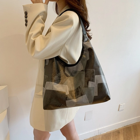 Women Large Capacity Patchwork Shoulder Bag PU Leather Geometric Color Block Tote Bag For Commuting Casual Retro Fashion Bag