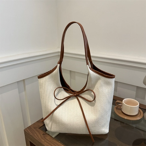 Sac Cabas pour Femmes en Toile à Chevrons avec Garniture en Cuir PU Sac à Épaule Grande Capacité avec Décoration Nœud