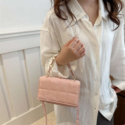 Bolso de Hombro Cuadrado Acolchado Moda Mujer Cuero PU Bolso Cruzado Street Con Cadena Decorativa Color Sólido Tote