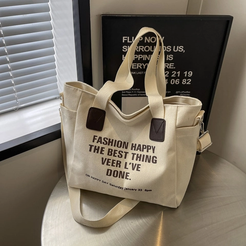 Grand Sac Fourre-tout en Toile pour Femmes Minimaliste Imprimé Lettres Sac à Épaule Bandoulière Réglable Style Décontracté