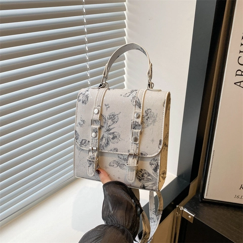 Borsa a Mano Moda Donna Zaino Mini in Pelle PU Stampa Farfalle Piccola Borsa a Tracolla Quadrata Streetwear Vintage Con Manico Superiore