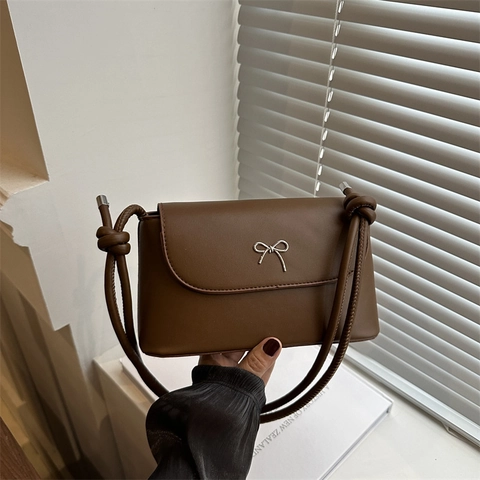 Women's PU Leather Small Square Shoulder Bag Elegant Bow Crossbody Bag Minimalist Solid Color Handbag For Daily Commute Style
