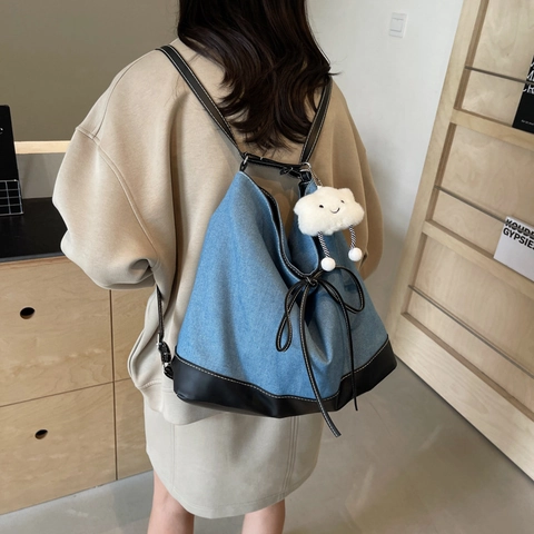 Bolso Tote de Patchwork de Lona PU Minimalista Coreano para Mujer Bolso de Hombro de Gran Capacidad con Lazo Colgante de Nube Bolso Hobo de Moda