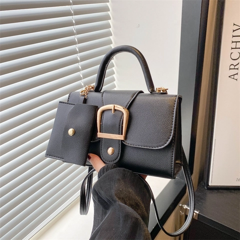 Women Retro PU Leather Small Square Bag With Mini Pouch Detachable Shoulder Strap Crossbody Bag Golden Buckle Handbag