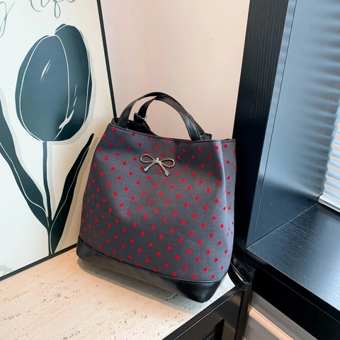 Borsa Tote da Donna a Cuore con Pois in PU e Tessuto Grande Capacità Borsa a Spalla con Fiocco Stile Preppy