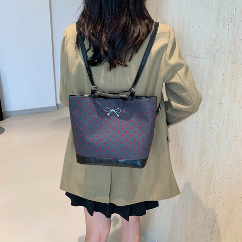 Borsa Tote da Donna a Cuore con Pois in PU e Tessuto Grande Capacità Borsa a Spalla con Fiocco Stile Preppy