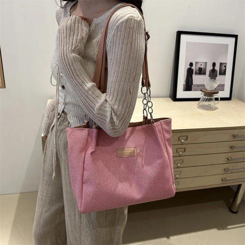 Women Large Capacity PU Tote Bag Simple Casual Shoulder Bag Woven Texture Chain Strap Zipper Handbag For Office School Daily Use