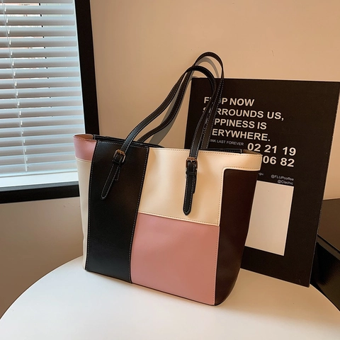 Sac Fourre-tout Élégant en Cuir PU pour Femmes Bloc de Couleur Grande Capacité Sac à Épaule Tendance Urbaine Sac à Main Cousu