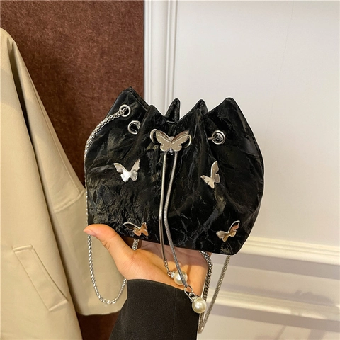 Schmetterling Deko Falten Beuteltasche Für Damen Mode Künstliche Perle Kordelzug Metallkette Schulter Umhängetasche Lässige Handtasche