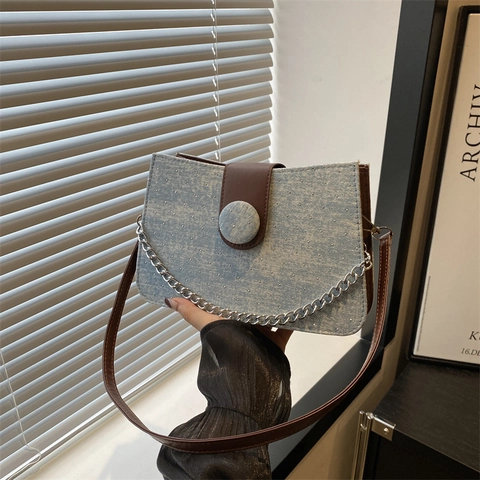 Borsa a Spalla in Denim con Strass Retro per Donna Borsa Sottobraccio alla Moda con Catena in Metallo e Tracolla in Pelle PU