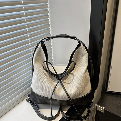 Sac Cabas Femme en Toile et Cuir PU Patchwork Grande Capacité Motif Chevrons Nœud Sac à Épaule Rétro Décontracté