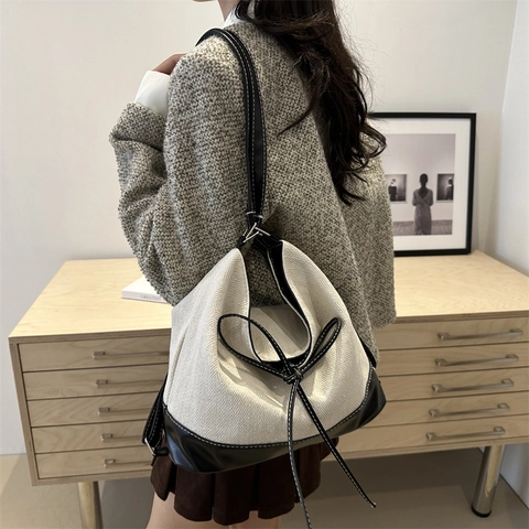 Sac Cabas Femme en Toile et Cuir PU Patchwork Grande Capacité Motif Chevrons Nœud Sac à Épaule Rétro Décontracté