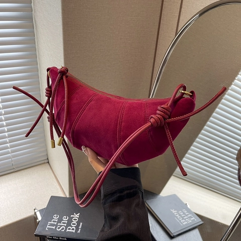 Vintage Suede Croissant Shoulder Bag For Women Fashion Hobo Crossbody Bag With Knot Strap Solid Color Leopard Print Stitching Bag