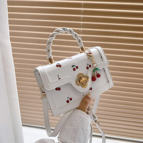 Fashion Women Cherry Print PU Leather Small Square Shoulder Bag With Sweet Flower Lock Top Handle Crossbody Handbag Outing Bag