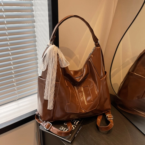 Borsa Tote da Donna alla Moda in Pelle PU di Grande Capacità Borsa a Spalla Stile Retro con Elegante Decorazione a Fiocco in Pizzo Borsa a Mano da Viaggio