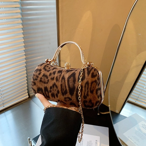 Vintage Luipaardprint Strass Avondtas voor Dames Mode PU Leer Schoudertas Crossbody met Gouden Ketting Riem Feesttas
