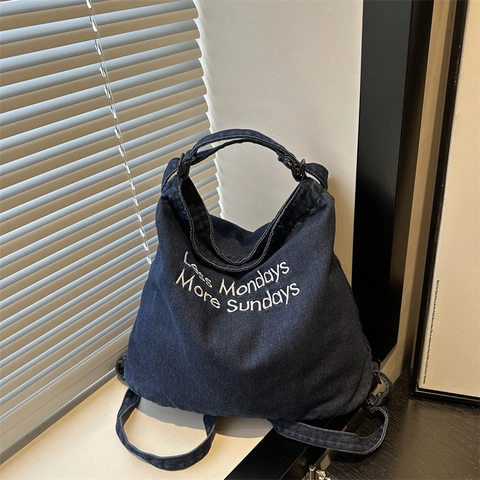 Grand Sac Fourre-tout Casual pour Femme PU Aspect Denim Less Mondays More Sundays Broderie Lettres Sac à Épaule Grande Capacité Quotidien