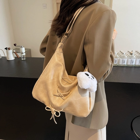 Women Vintage PU Leather Shoulder Bag Large Capacity Corset Drawstring Design Tote Hobo Bag With Bow Decoration Commute Handbag