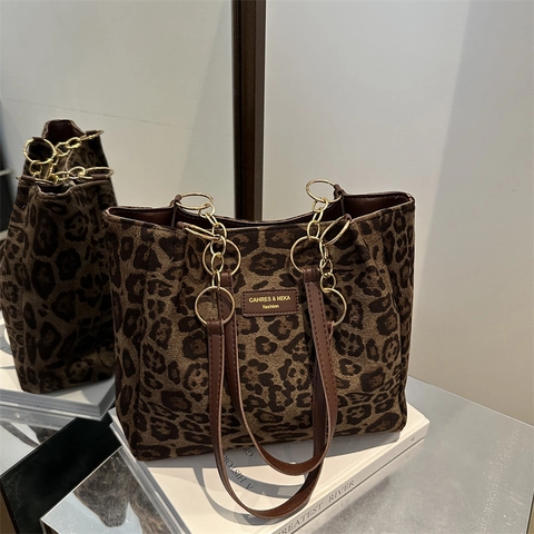 Bolso Tote de Moda con Estampado de Leopardo Alta Capacidad Bolso de Hombro de Lona para Mujer con Cadena de Oro Diario