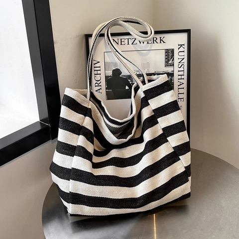 Borsa Tote in Tela a Righe da Donna Grande Capacità Borsa a Tracolla Casual Versatile Morbida shopping Quotidiano
