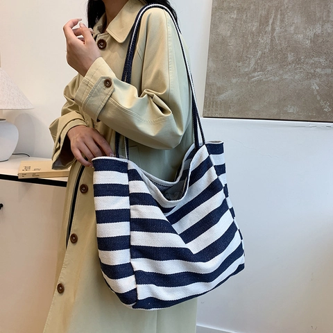 Borsa Tote in Tela a Righe da Donna Grande Capacità Borsa a Tracolla Casual Versatile Morbida shopping Quotidiano