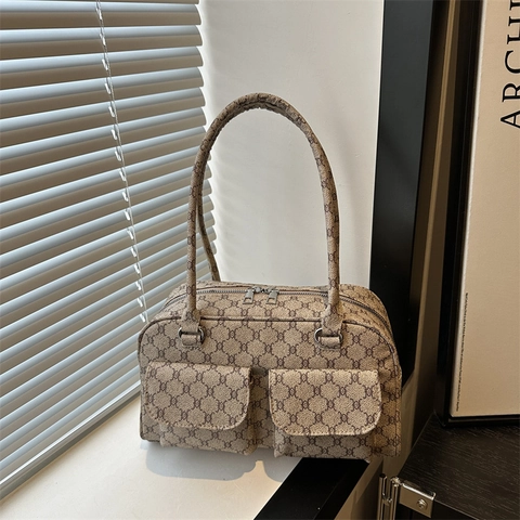 Borsa Sottobraccio Vintage Monogram Retro Con Doppie Tasche Frontali Chiusura a Cerniera in Pelle PU Donna Borsa a Tracolla Moda