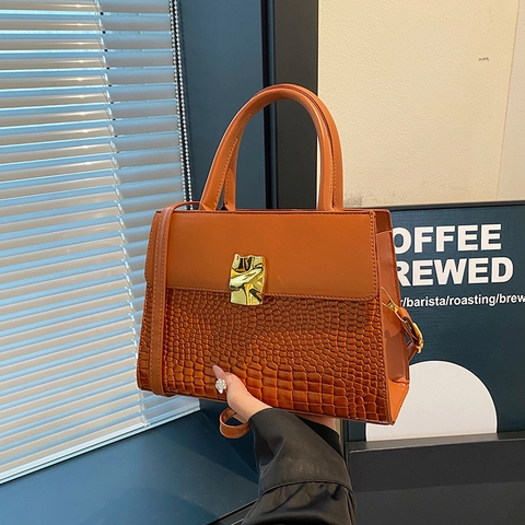 Sac Bandoulière Vintage en Cuir PU pour Femmes Motif Crocodile Patchwork Sac à Main Avec Boucle en Métal Doré Sac à Épaule