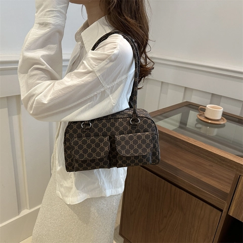 Borsa Sottobraccio Vintage Monogram Retro Con Doppie Tasche Frontali Chiusura a Cerniera in Pelle PU Donna Borsa a Tracolla Moda