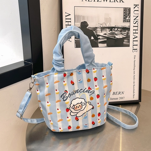 Damen Süße Cartoon Leinwand Beuteltasche Gestreifte Handtasche Mit Rüschengriff Umhängetasche Für Den Täglichen Gebrauch