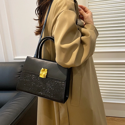 Sac Bandoulière Vintage en Cuir PU pour Femmes Motif Crocodile Patchwork Sac à Main Avec Boucle en Métal Doré Sac à Épaule