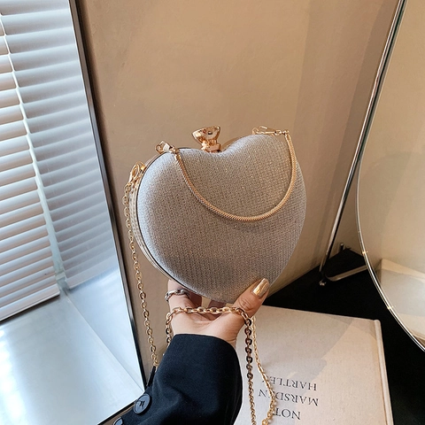 Women's Heart Shaped Evening Clutch Bag Glitter Sequin Shoulder Bag With Rhinestone Clasp Gold Chain Strap For Wedding Banquet