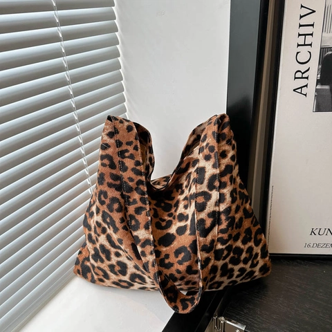 Women Fashion Canvas Leopard Print Shoulder Bag Large Capacity Tote Bag Trendy Korean Style Casual Streetwear Cloth Handbag