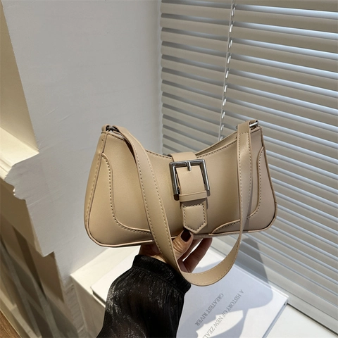 Bolso de Axila de Cuero PU Retro para Mujer Moda Coreana Hebilla Plateada Minimalista Bolso de Hombro Color Sólido Baguette