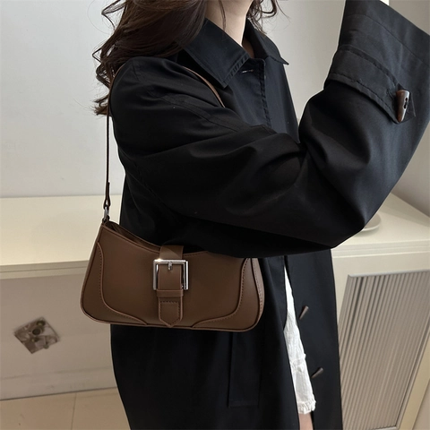 Bolso de Axila de Cuero PU Retro para Mujer Moda Coreana Hebilla Plateada Minimalista Bolso de Hombro Color Sólido Baguette