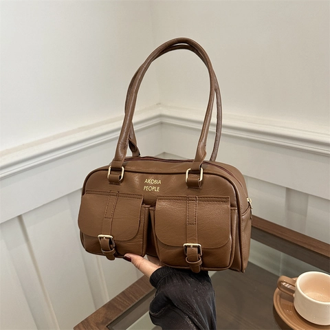 Dames Retro PU Leer Schoudertas Grote Capaciteit Onderarmtas Met Voorzakken Mode Casual Dagelijks Veelzijdige Tas
