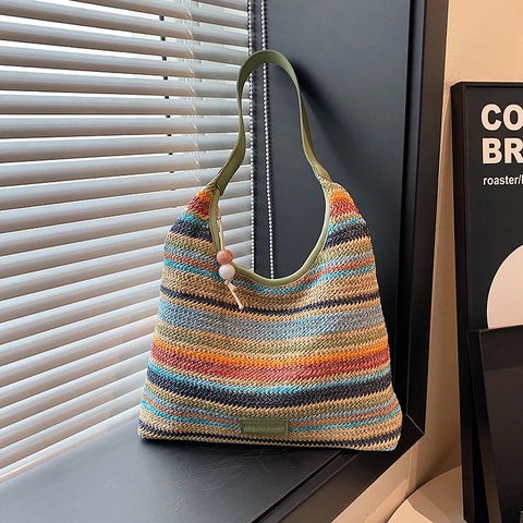 Damen Mehrfarbig Gestreift Stroh Gewebt Tragetasche Große Kapazität Boho Urlaub Schultertasche Mit Perlenverzierung