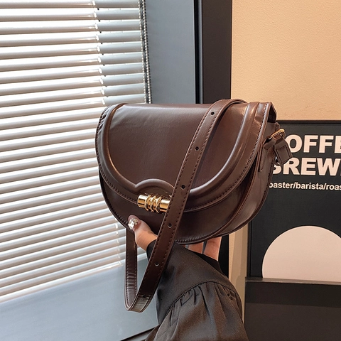 Sac à Bandoulière Vintage en Cuir PU pour Femme Style Coréen Simple Sacoche Avec Fermoir Métallique Cylindrique Doré