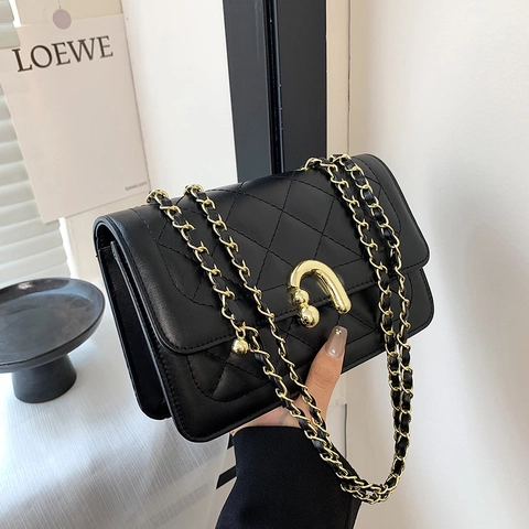 Women Quilted Diamond Pattern Square Bag PU Leather Golden Chain Strap Horseshoe Buckle Shoulder Crossbody Bag Fashion Purse
